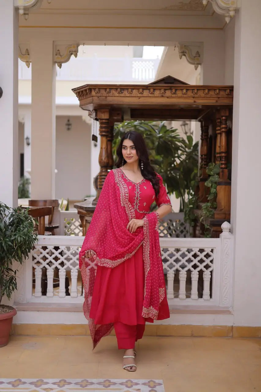 Rani Pink & Royal Purple Mul Chanderi Kali Kurti Set with Sequins Zari Embroidered Dupatta