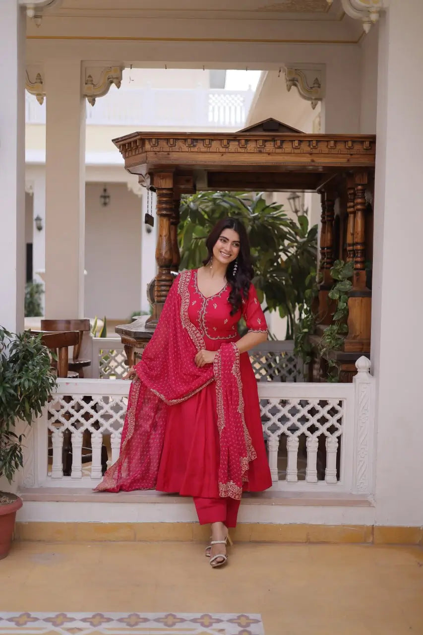 Rani Pink & Royal Purple Mul Chanderi Kali Kurti Set with Sequins Zari Embroidered Dupatta