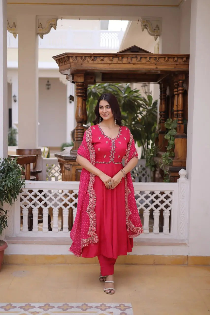 Rani Pink & Royal Purple Mul Chanderi Kali Kurti Set with Sequins Zari Embroidered Dupatta