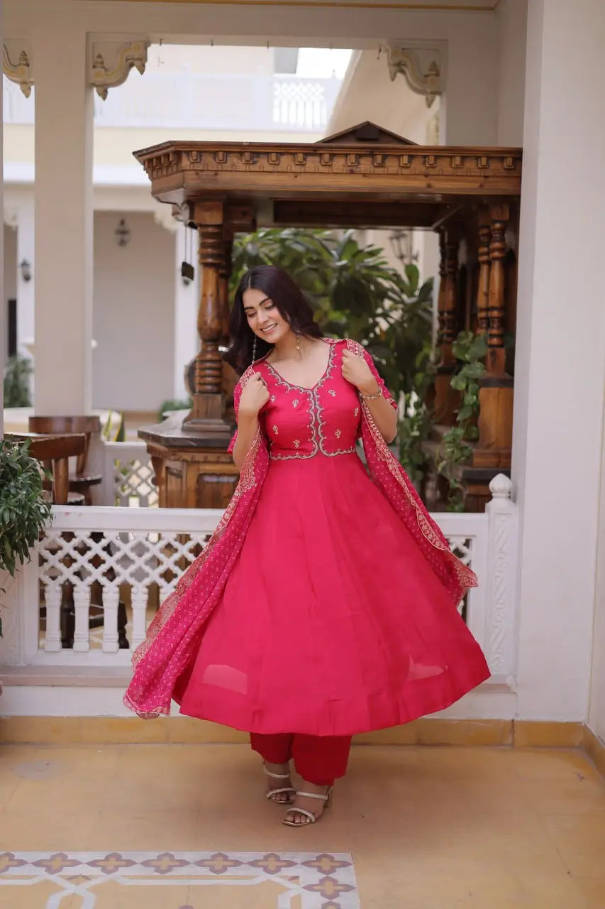 Rani Pink & Royal Purple Mul Chanderi Kali Kurti Set with Sequins Zari Embroidered Dupatta