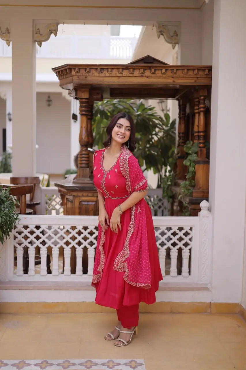 Rani Pink & Royal Purple Mul Chanderi Kali Kurti Set with Sequins Zari Embroidered Dupatta