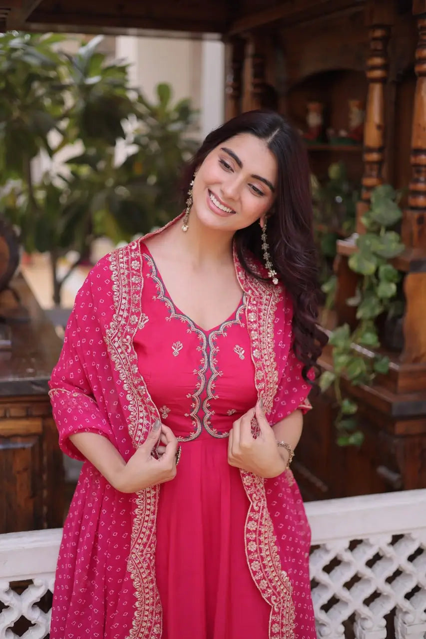 Rani Pink & Royal Purple Mul Chanderi Kali Kurti Set with Sequins Zari Embroidered Dupatta