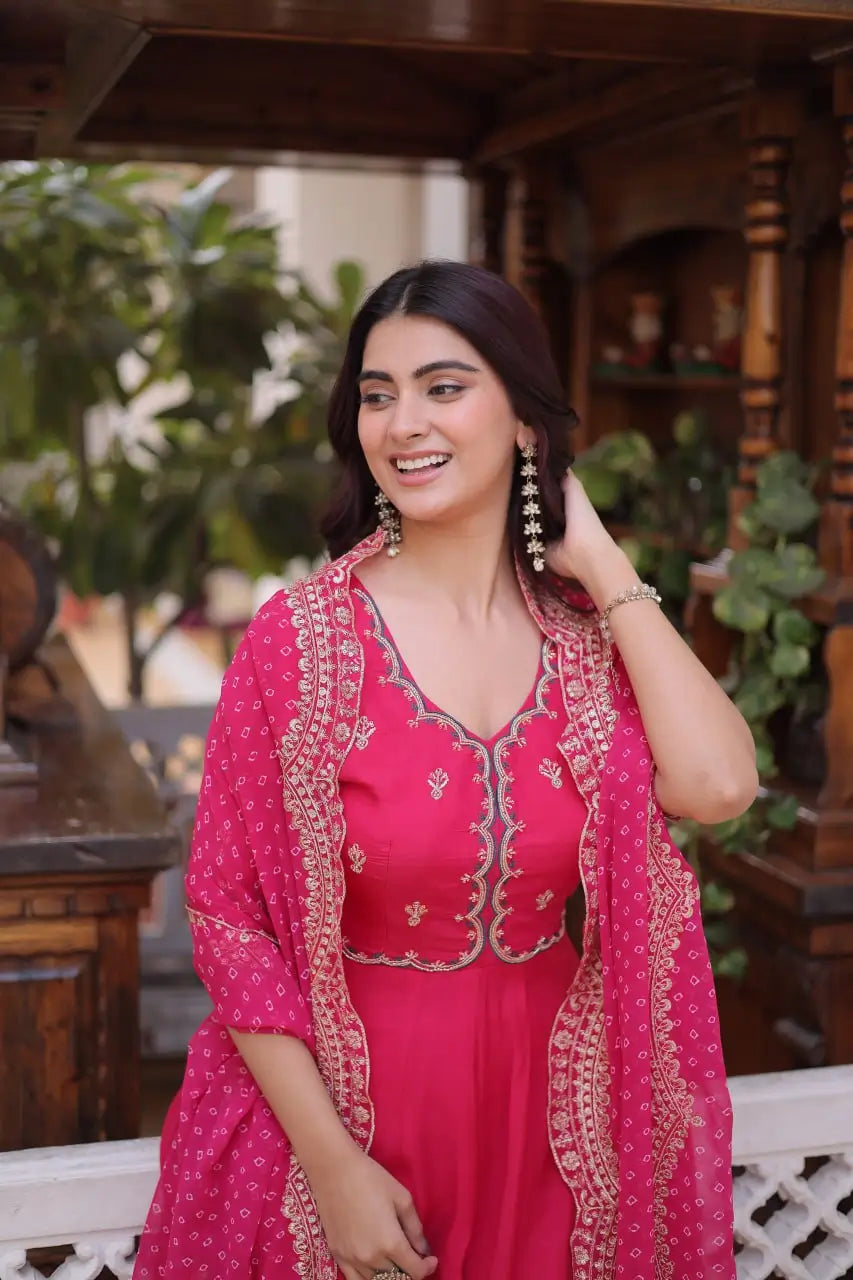Rani Pink & Royal Purple Mul Chanderi Kali Kurti Set with Sequins Zari Embroidered Dupatta