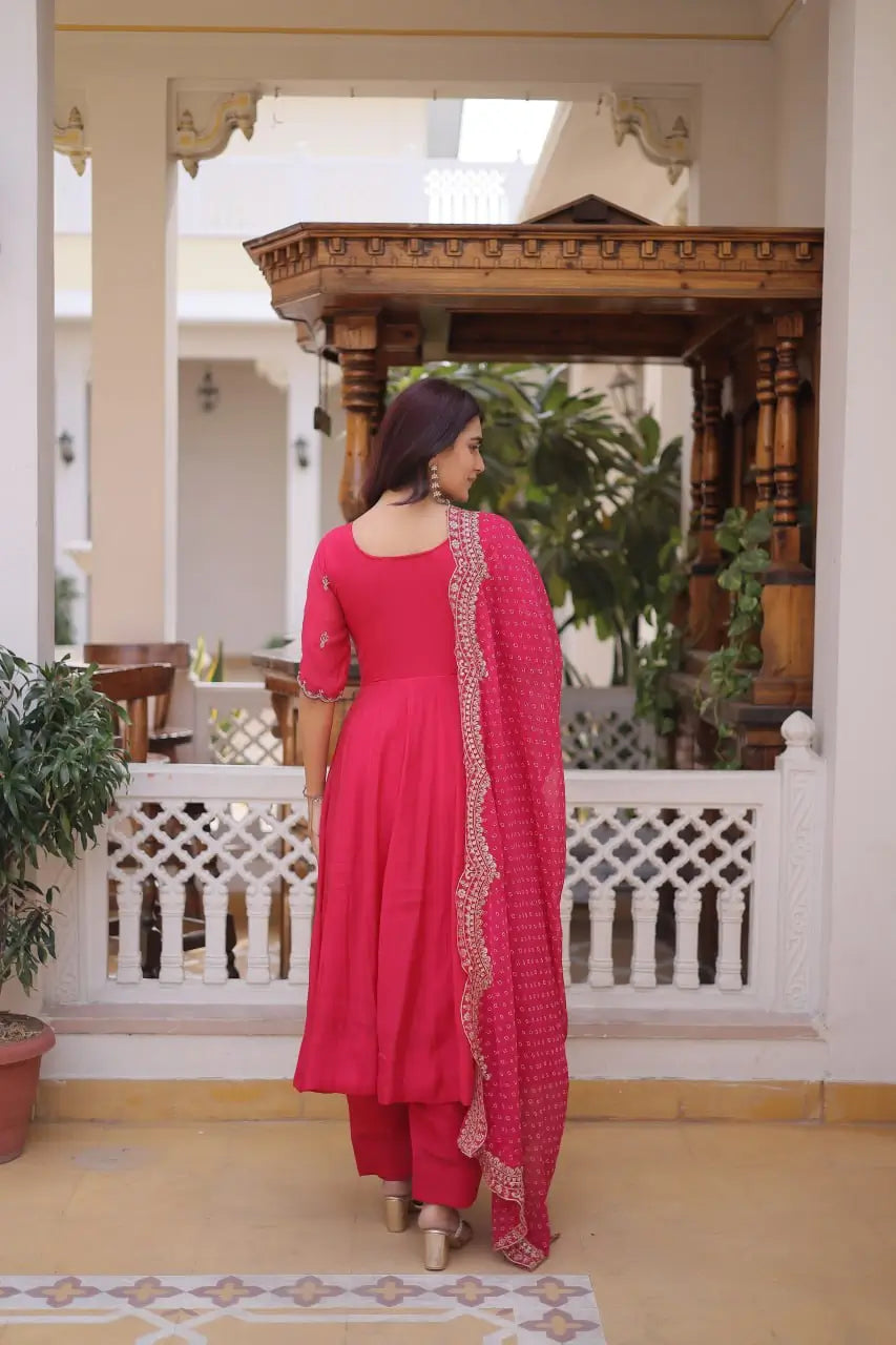 Rani Pink & Royal Purple Mul Chanderi Kali Kurti Set with Sequins Zari Embroidered Dupatta