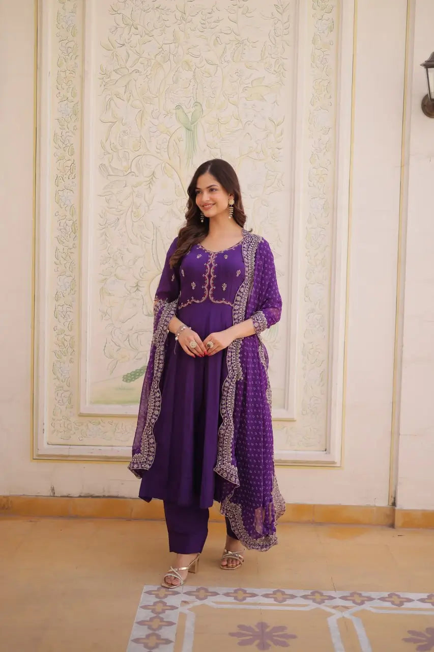 Rani Pink & Royal Purple Mul Chanderi Kali Kurti Set with Sequins Zari Embroidered Dupatta