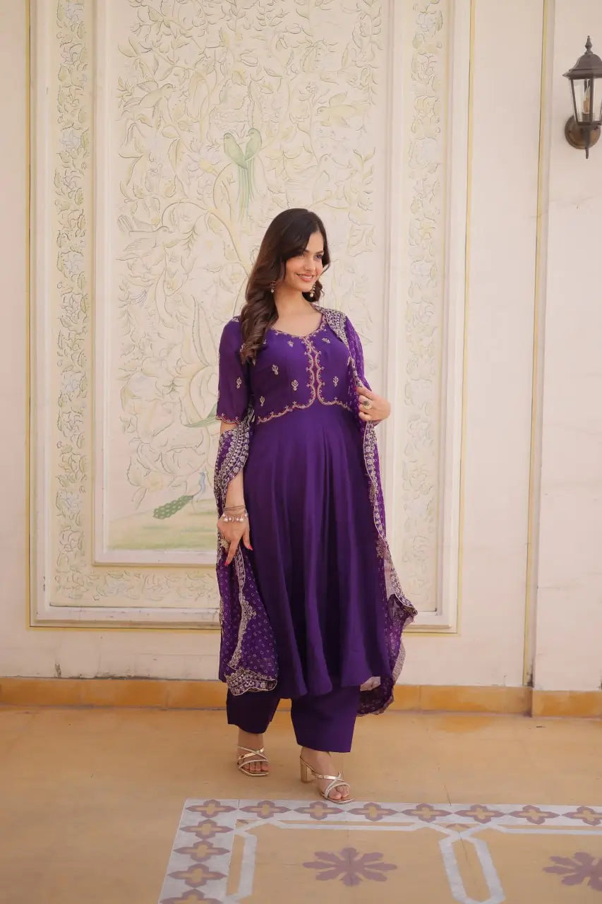 Rani Pink & Royal Purple Mul Chanderi Kali Kurti Set with Sequins Zari Embroidered Dupatta