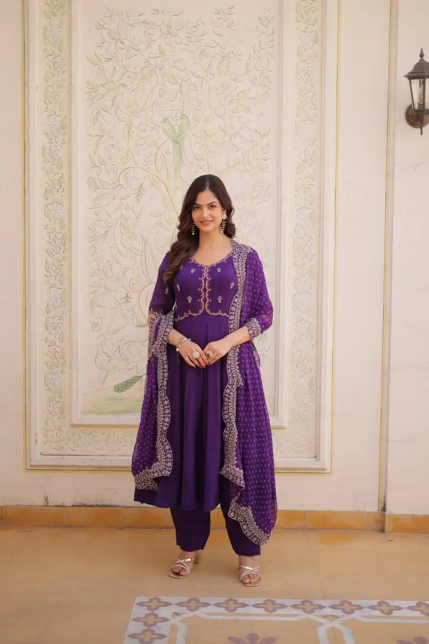 Rani Pink & Royal Purple Mul Chanderi Kali Kurti Set with Sequins Zari Embroidered Dupatta