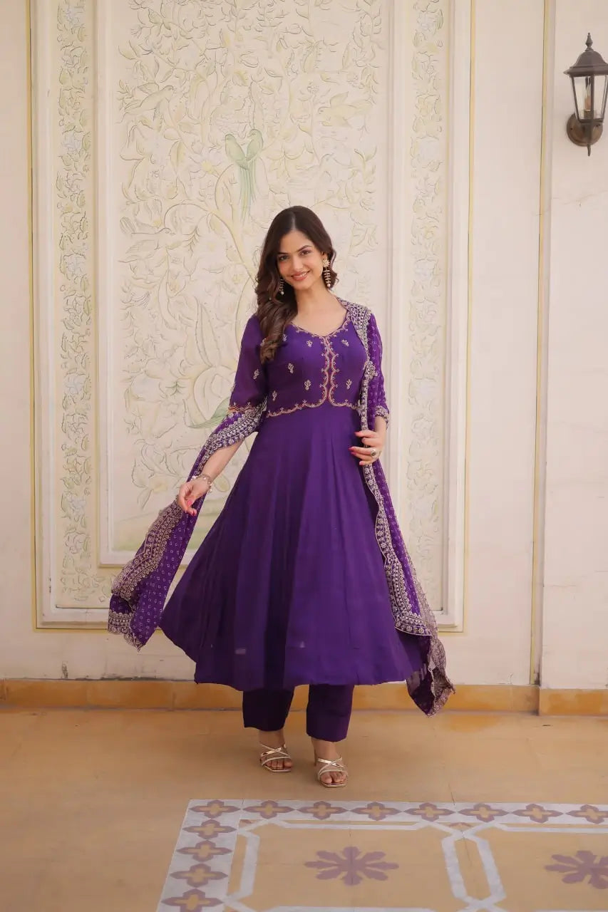 Rani Pink & Royal Purple Mul Chanderi Kali Kurti Set with Sequins Zari Embroidered Dupatta