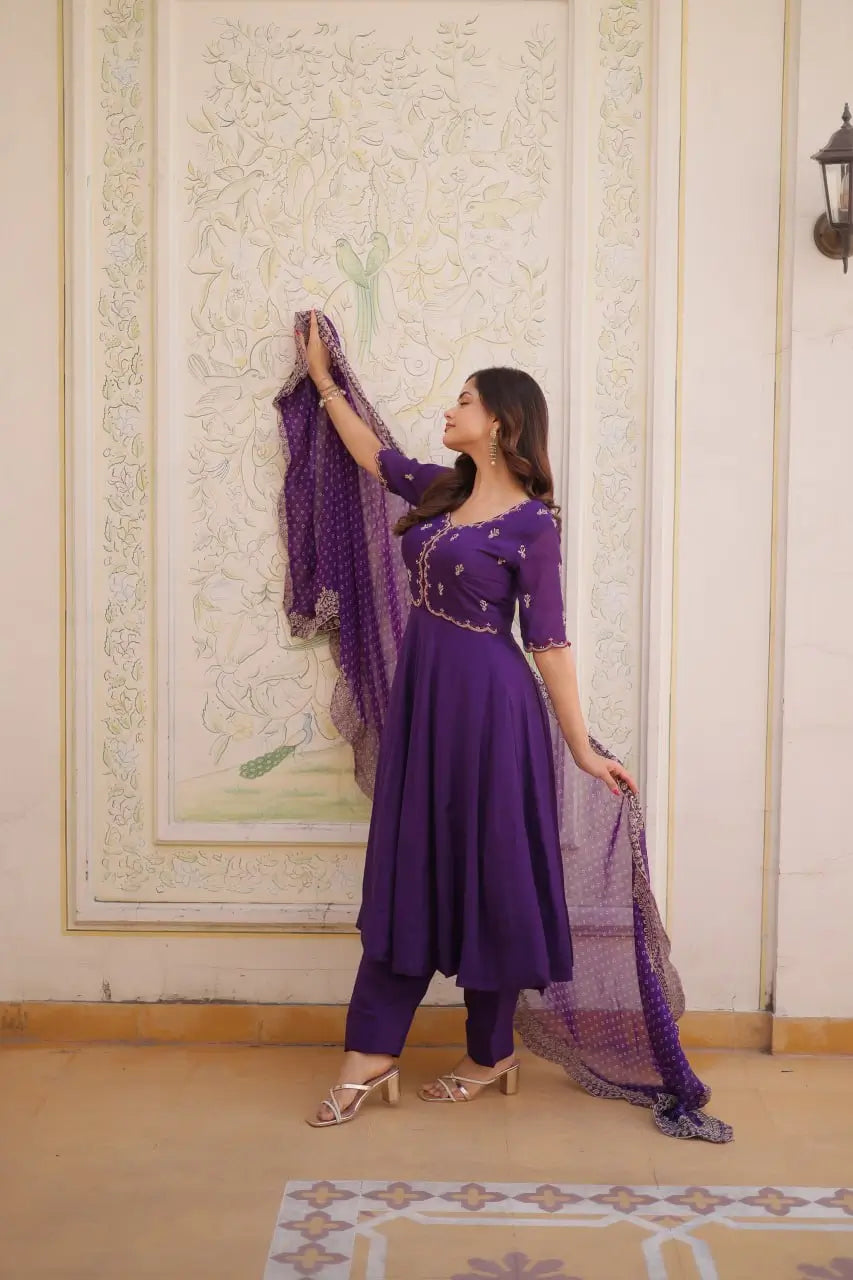 Rani Pink & Royal Purple Mul Chanderi Kali Kurti Set with Sequins Zari Embroidered Dupatta