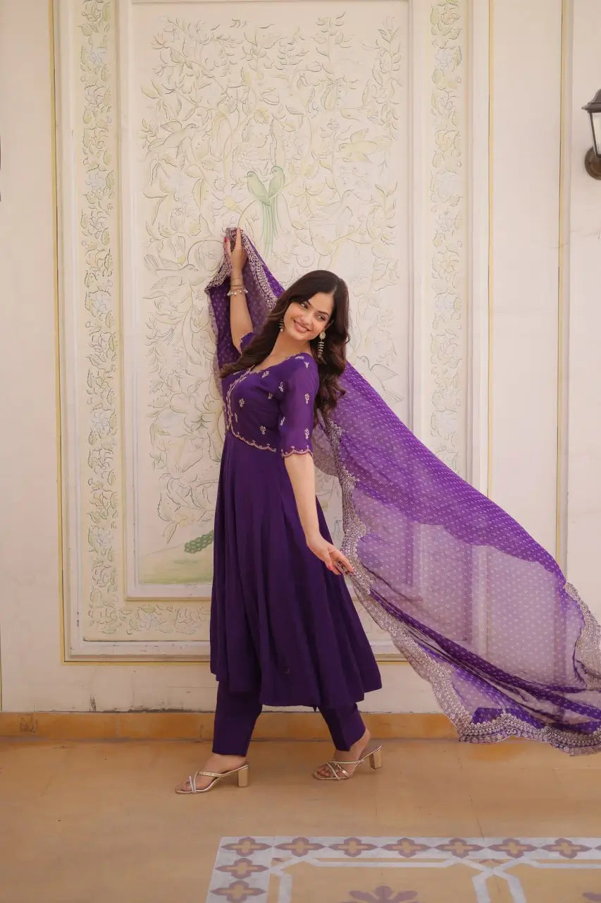 Rani Pink & Royal Purple Mul Chanderi Kali Kurti Set with Sequins Zari Embroidered Dupatta