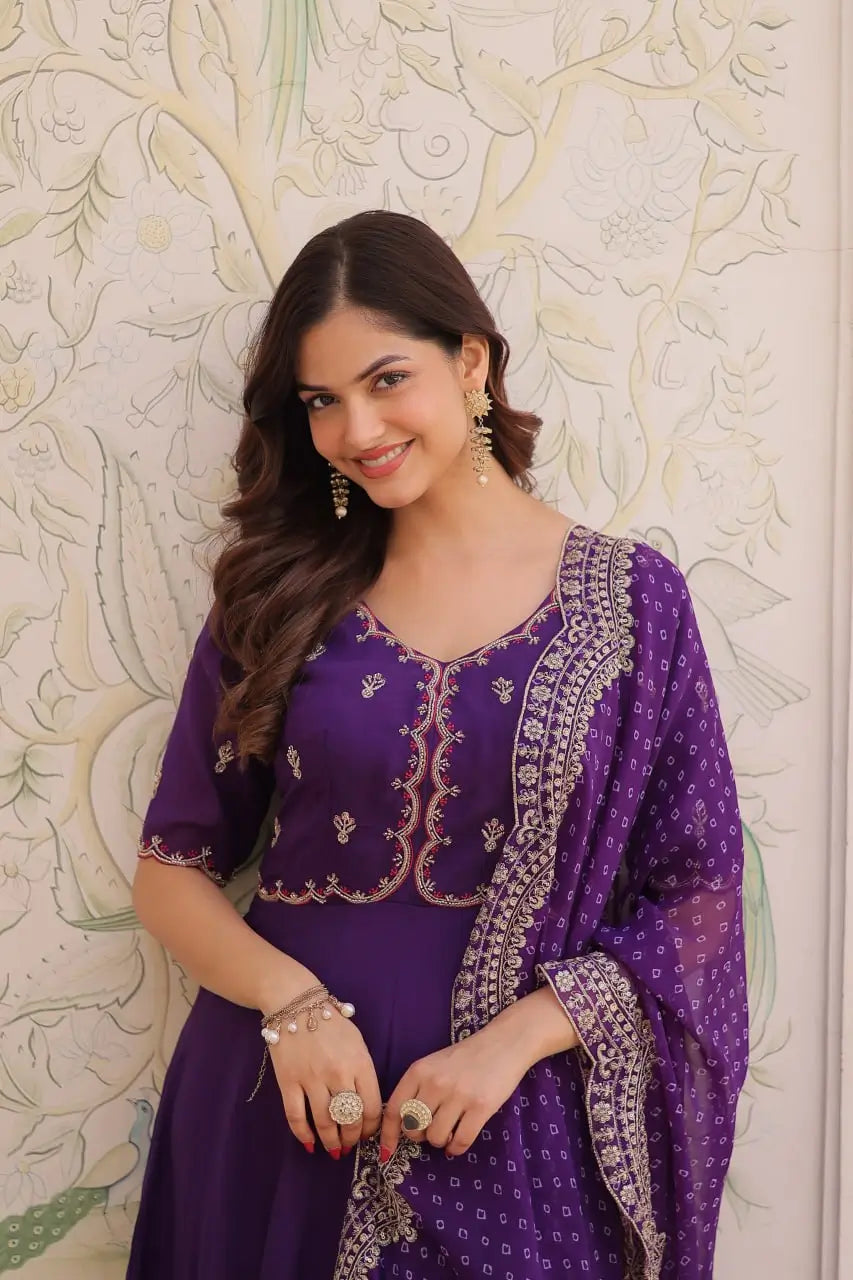 Rani Pink & Royal Purple Mul Chanderi Kali Kurti Set with Sequins Zari Embroidered Dupatta