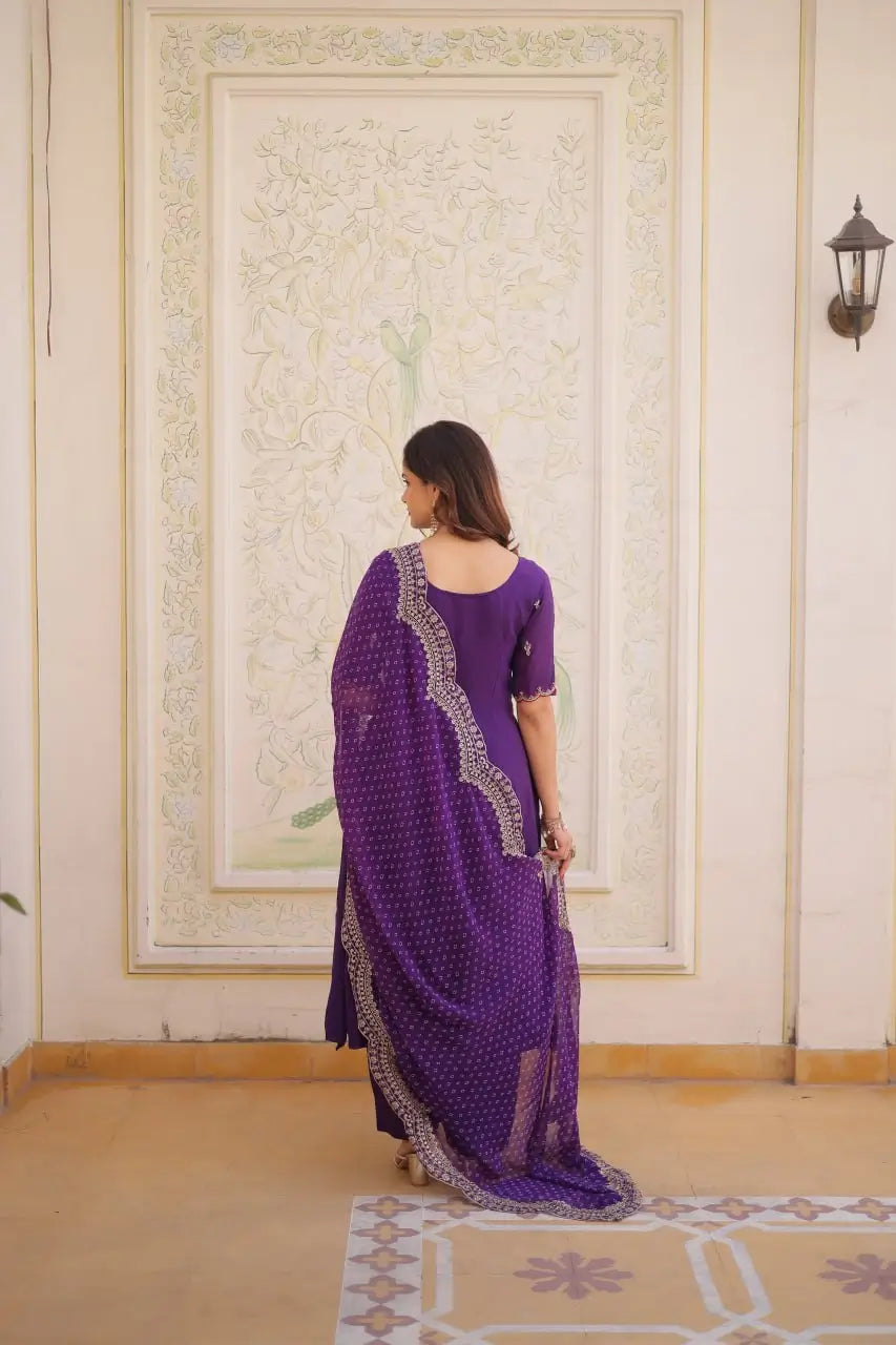 Rani Pink & Royal Purple Mul Chanderi Kali Kurti Set with Sequins Zari Embroidered Dupatta