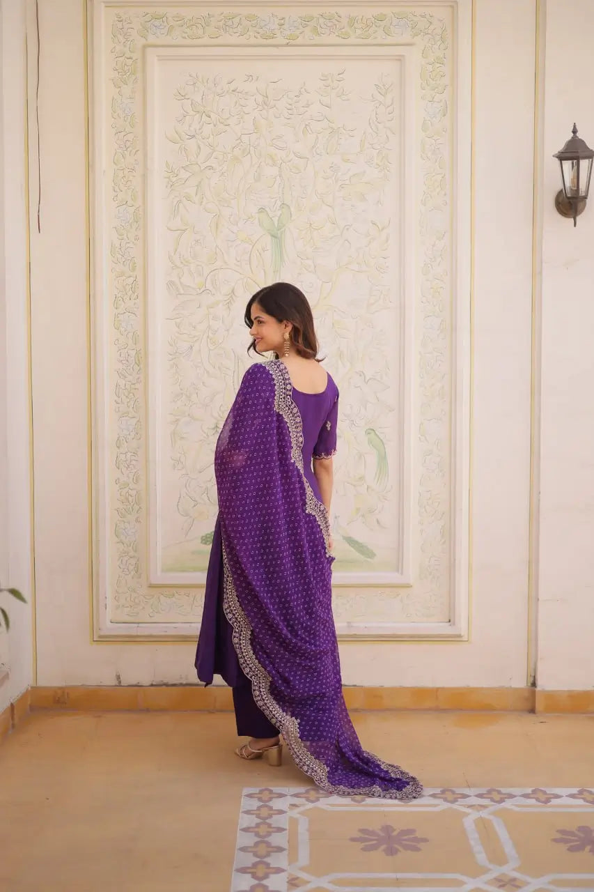 Rani Pink & Royal Purple Mul Chanderi Kali Kurti Set with Sequins Zari Embroidered Dupatta