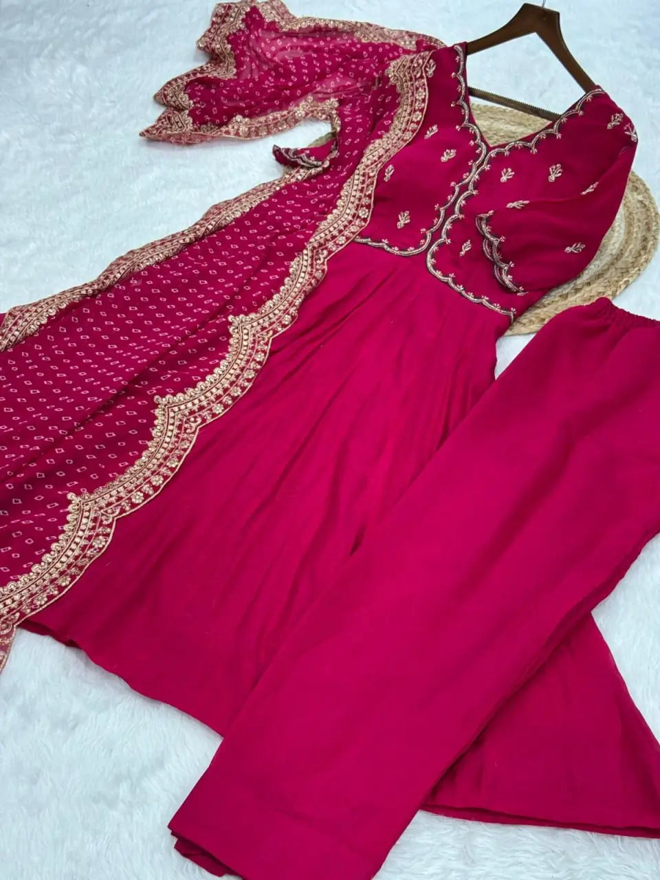 Rani Pink & Royal Purple Mul Chanderi Kali Kurti Set with Sequins Zari Embroidered Dupatta