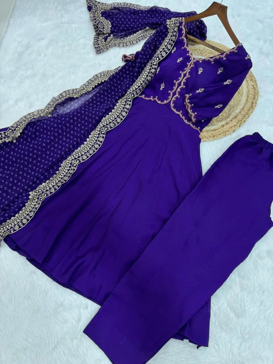 Rani Pink & Royal Purple Mul Chanderi Kali Kurti Set with Sequins Zari Embroidered Dupatta
