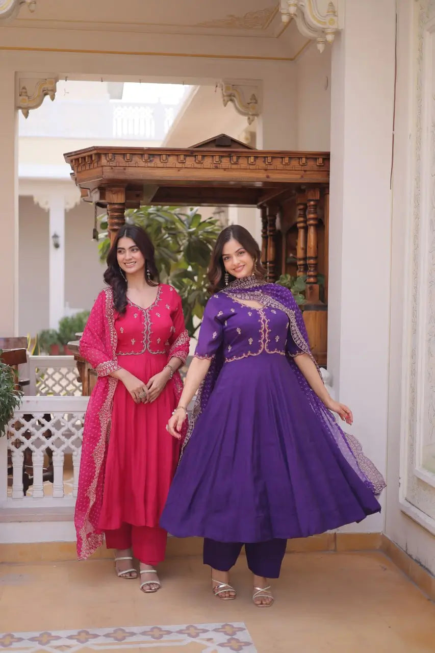 Rani Pink & Royal Purple Mul Chanderi Kali Kurti Set with Sequins Zari Embroidered Dupatta