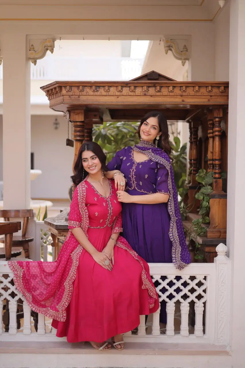Rani Pink & Royal Purple Mul Chanderi Kali Kurti Set with Sequins Zari Embroidered Dupatta