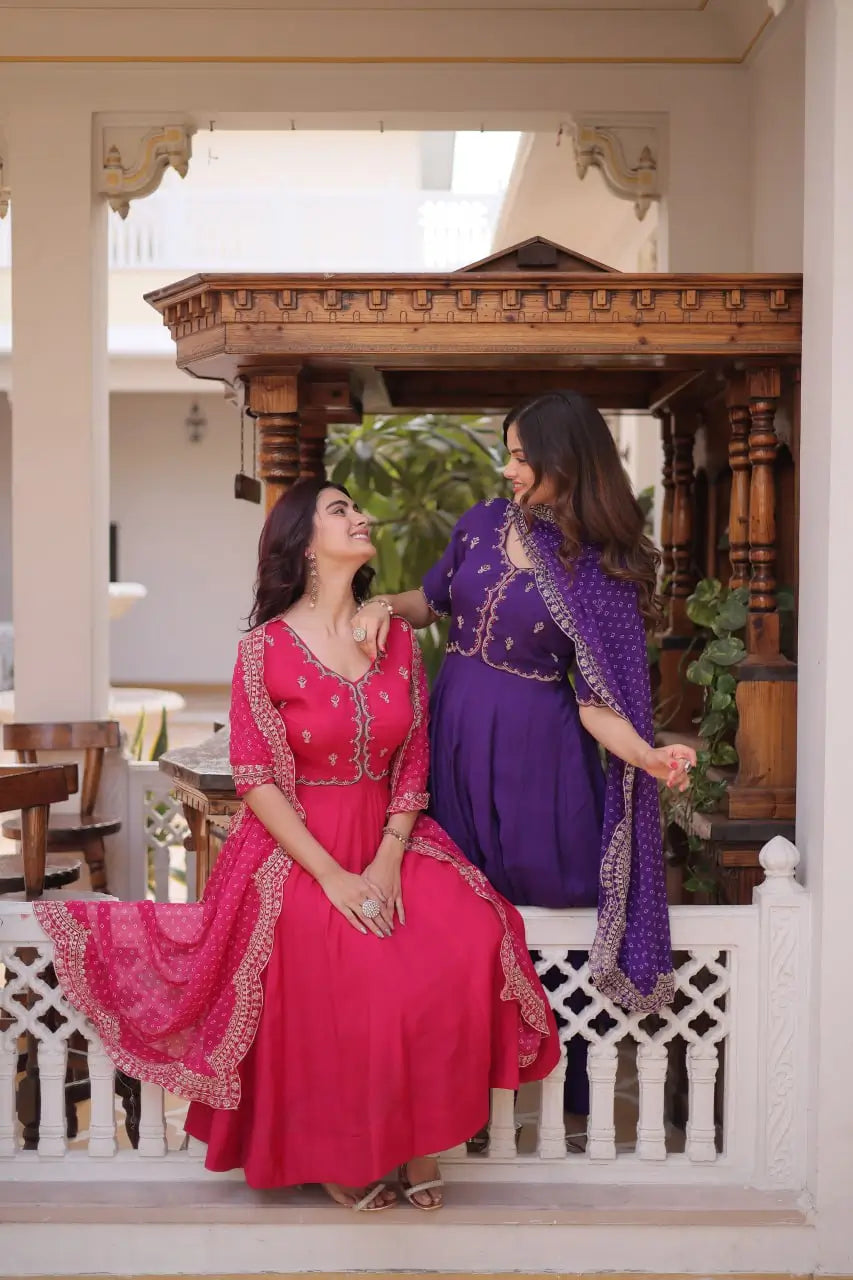 Rani Pink & Royal Purple Mul Chanderi Kali Kurti Set with Sequins Zari Embroidered Dupatta