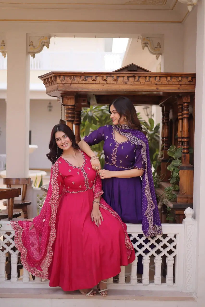 Rani Pink & Royal Purple Mul Chanderi Kali Kurti Set with Sequins Zari Embroidered Dupatta