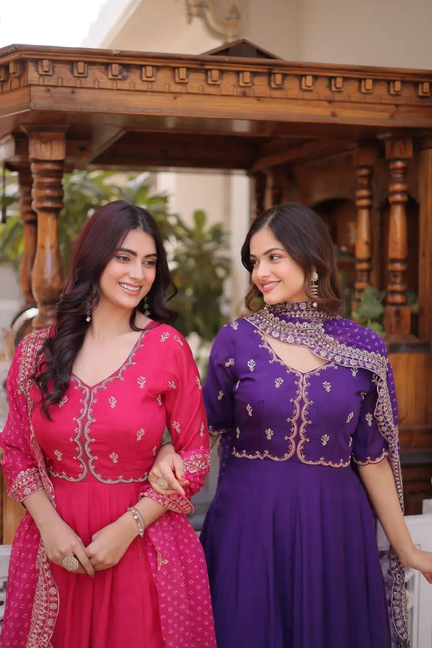 Rani Pink & Royal Purple Mul Chanderi Kali Kurti Set with Sequins Zari Embroidered Dupatta