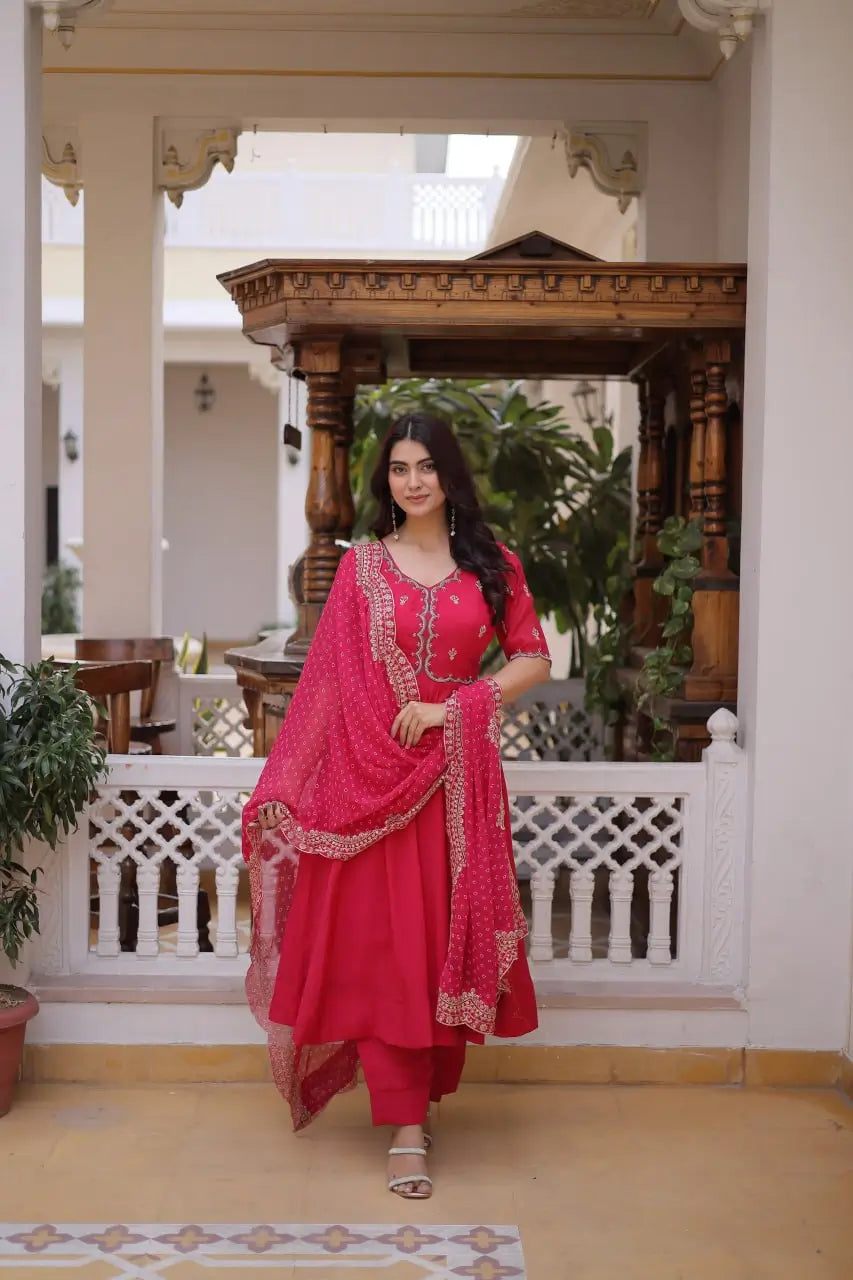 Rani Pink & Royal Purple Mul Chanderi Kali Kurti Set with Sequins Zari Embroidered Dupatta