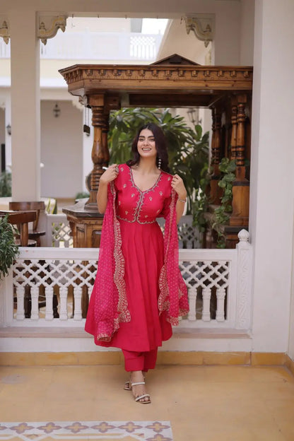 Rani Pink & Royal Purple Mul Chanderi Kali Kurti Set with Sequins Zari Embroidered Dupatta
