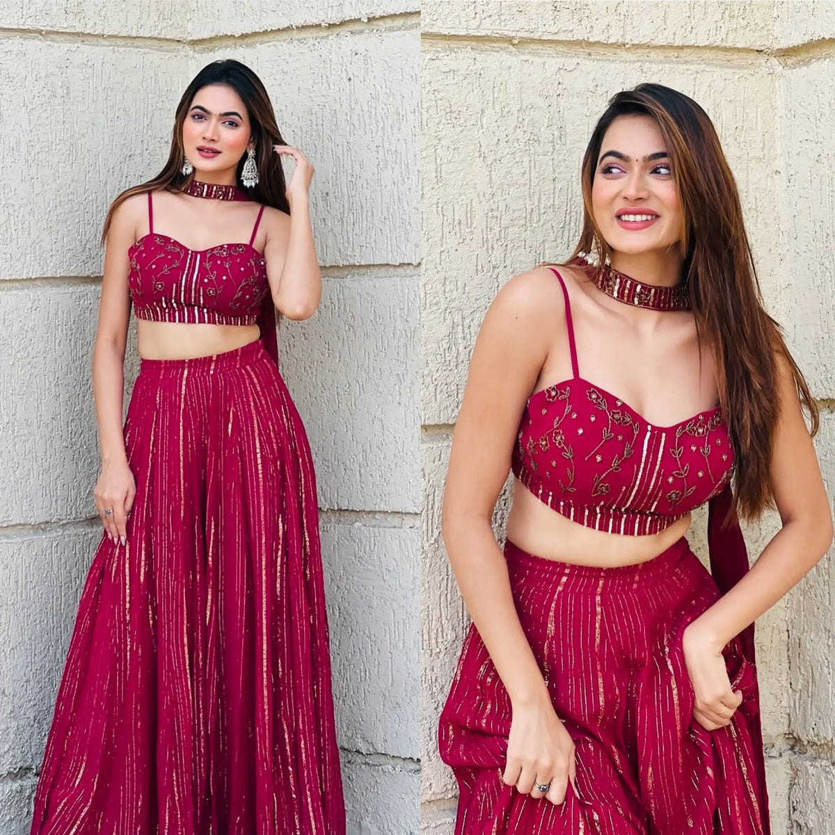 Rani Red Viscose Georgette Lehenga Set with Sequins Dori Work Blouse & Choker Dupatta
