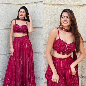 Rani Red Viscose Georgette Lehenga Set with Sequins Dori Work Blouse & Choker Dupatta