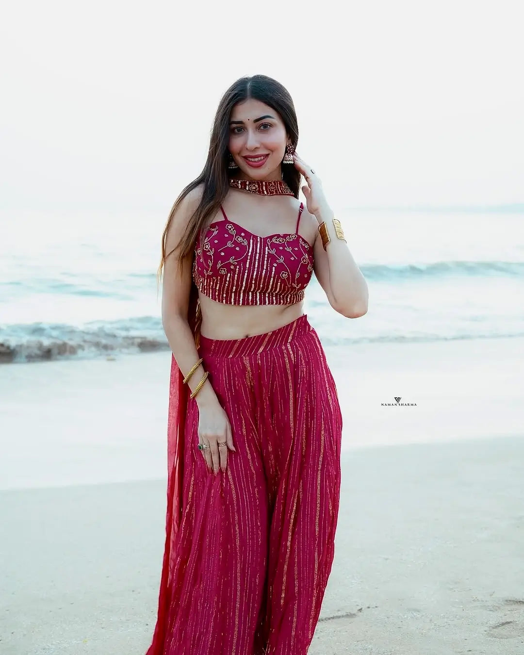 Rani Red Viscose Georgette Lehenga Set with Sequins Dori Work Blouse & Choker Dupatta