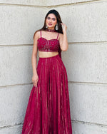 Rani Red Viscose Georgette Lehenga Set with Sequins Dori Work Blouse & Choker Dupatta