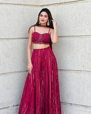 Rani Red Viscose Georgette Lehenga Set with Sequins Dori Work Blouse & Choker Dupatta