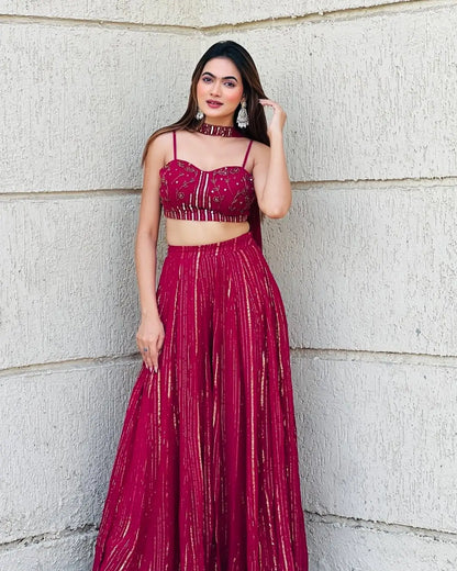 Rani Red Viscose Georgette Lehenga Set with Sequins Dori Work Blouse & Choker Dupatta