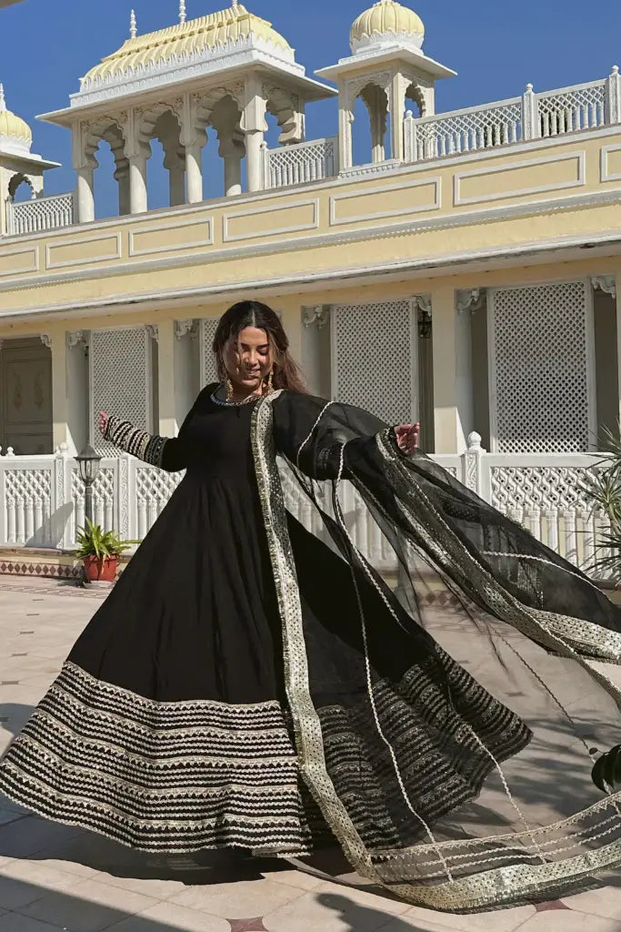 Rayon Cording Embroidered Gown Set with Dupatta