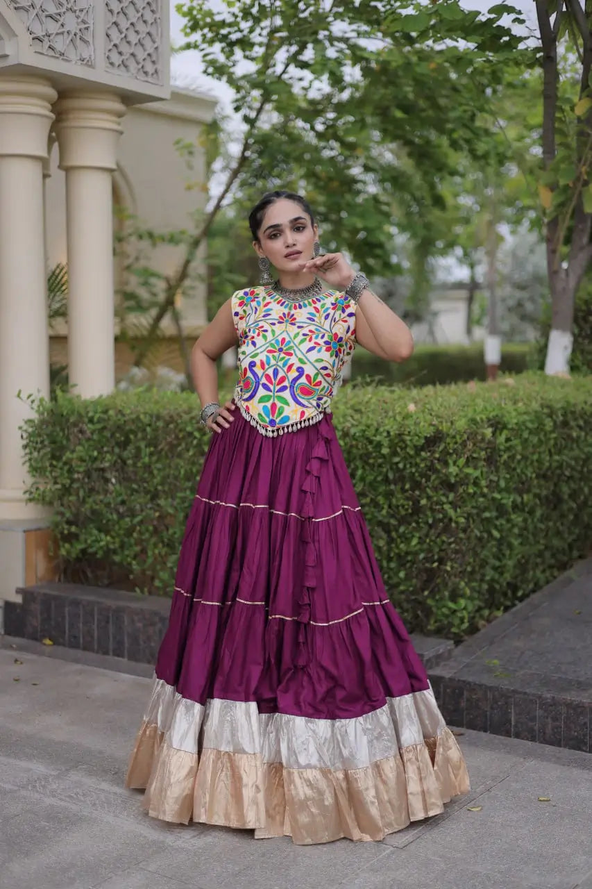 Rayon Kutchi Embroidered Lehenga Set