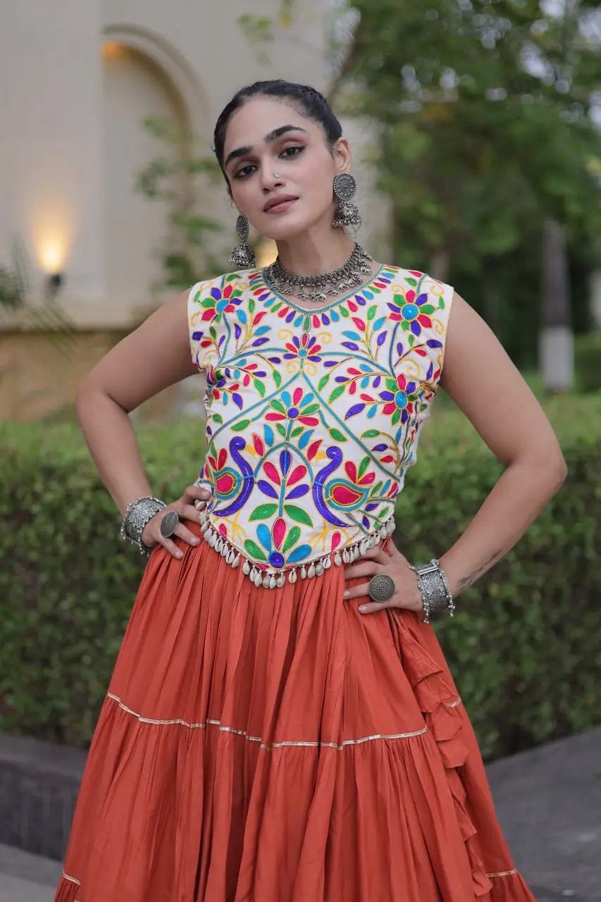 Rayon Kutchi Embroidered Lehenga Set