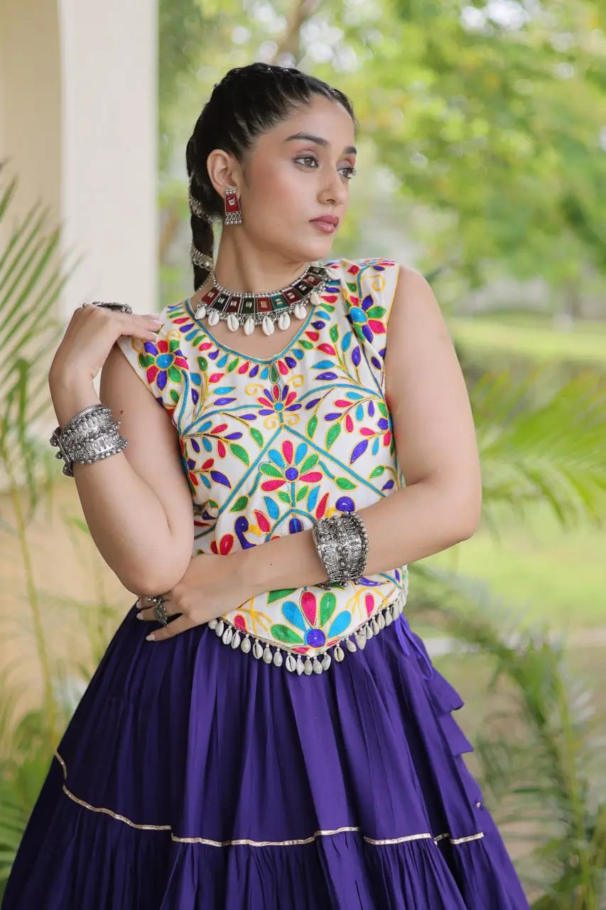 Rayon Kutchi Embroidered Lehenga Set