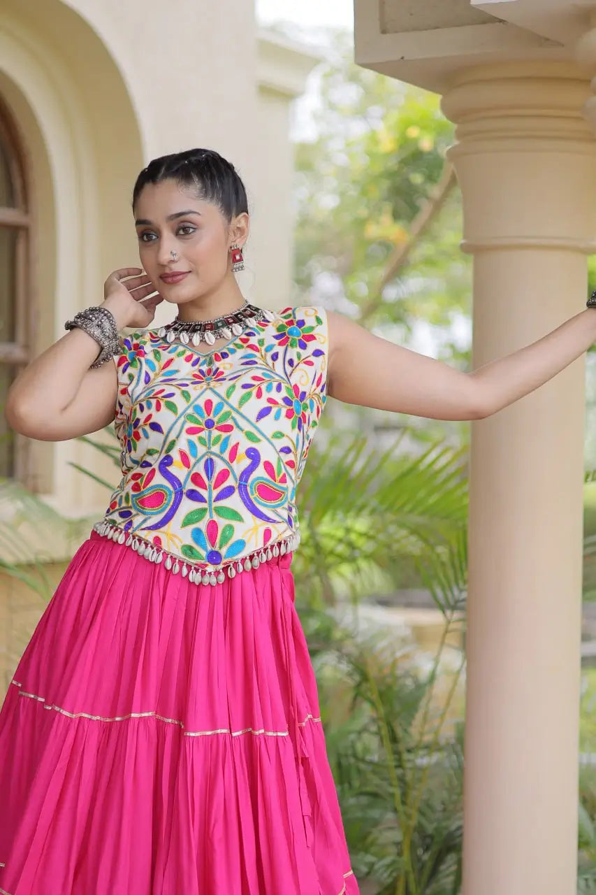 Rayon Kutchi Embroidered Lehenga Set