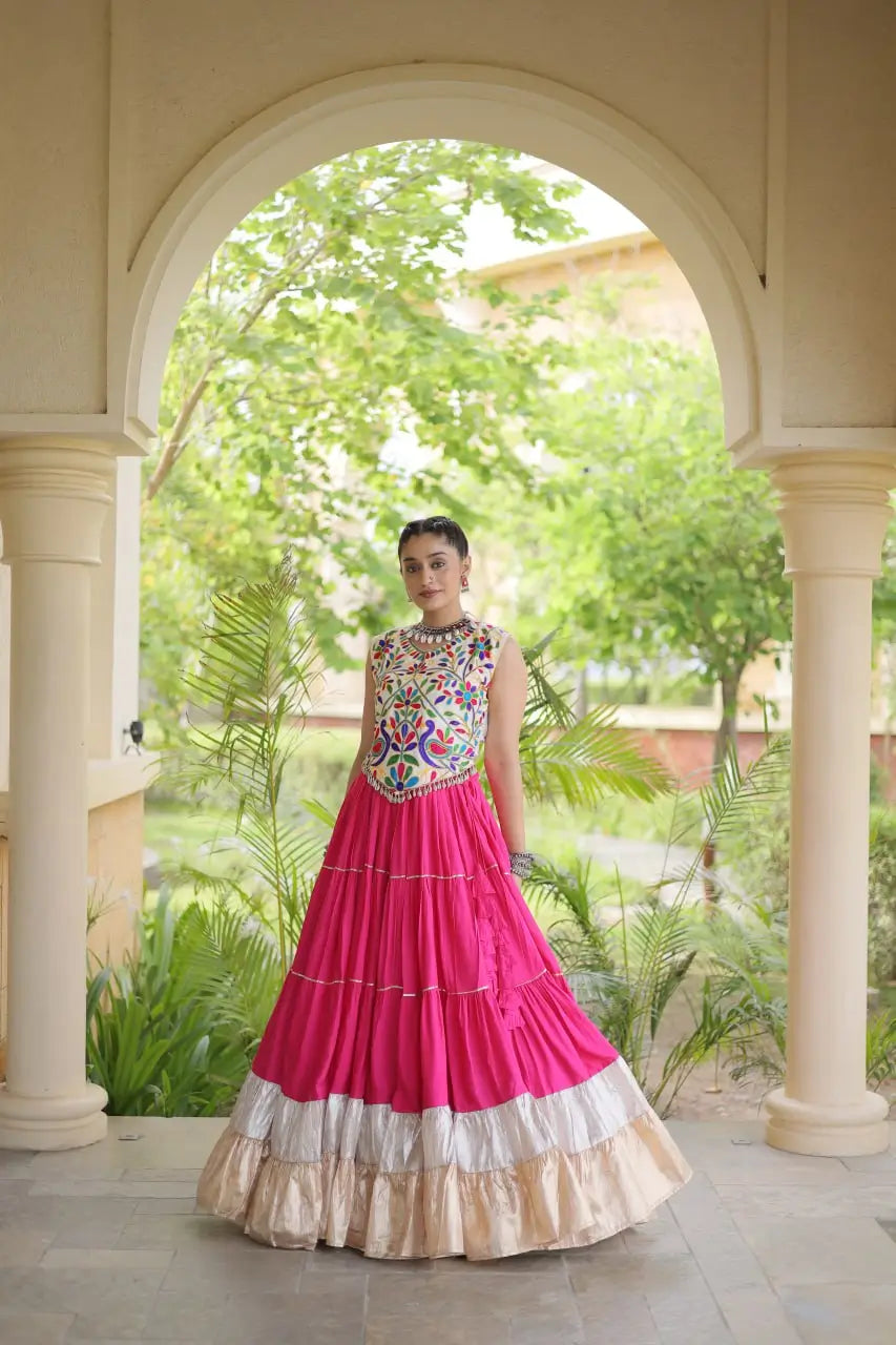Rayon Kutchi Embroidered Lehenga Set