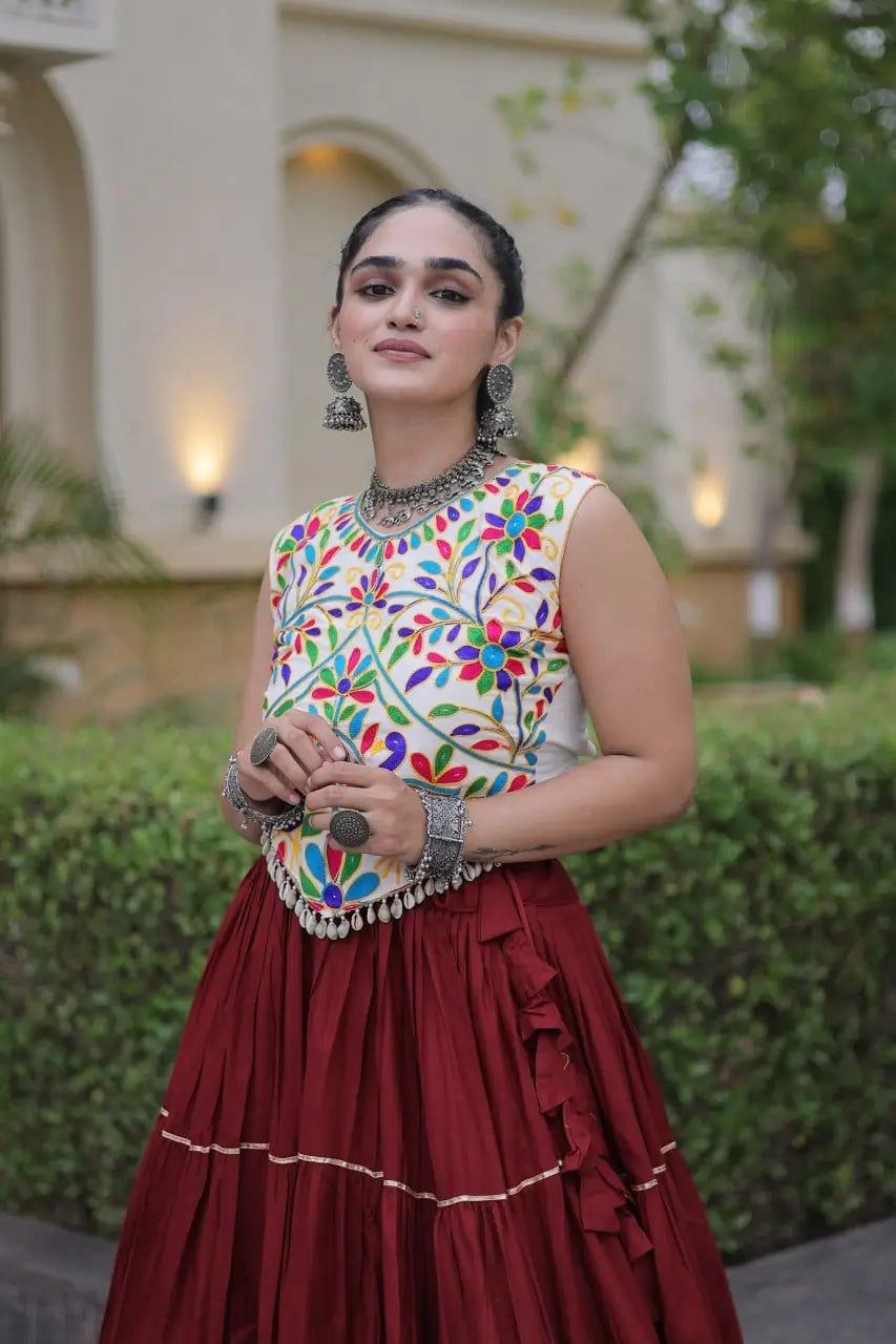 Rayon Kutchi Embroidered Lehenga Set