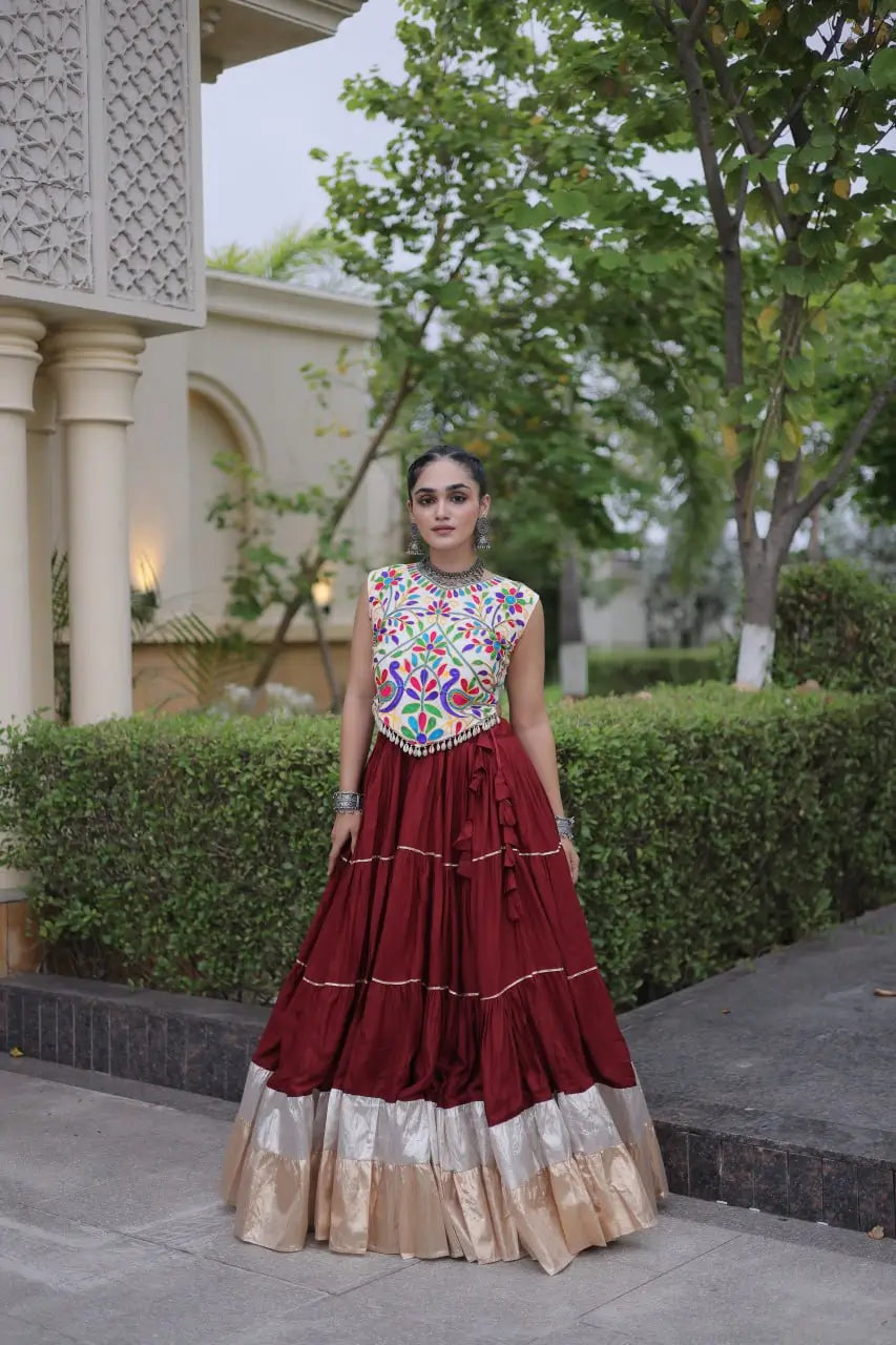 Rayon Kutchi Embroidered Lehenga Set