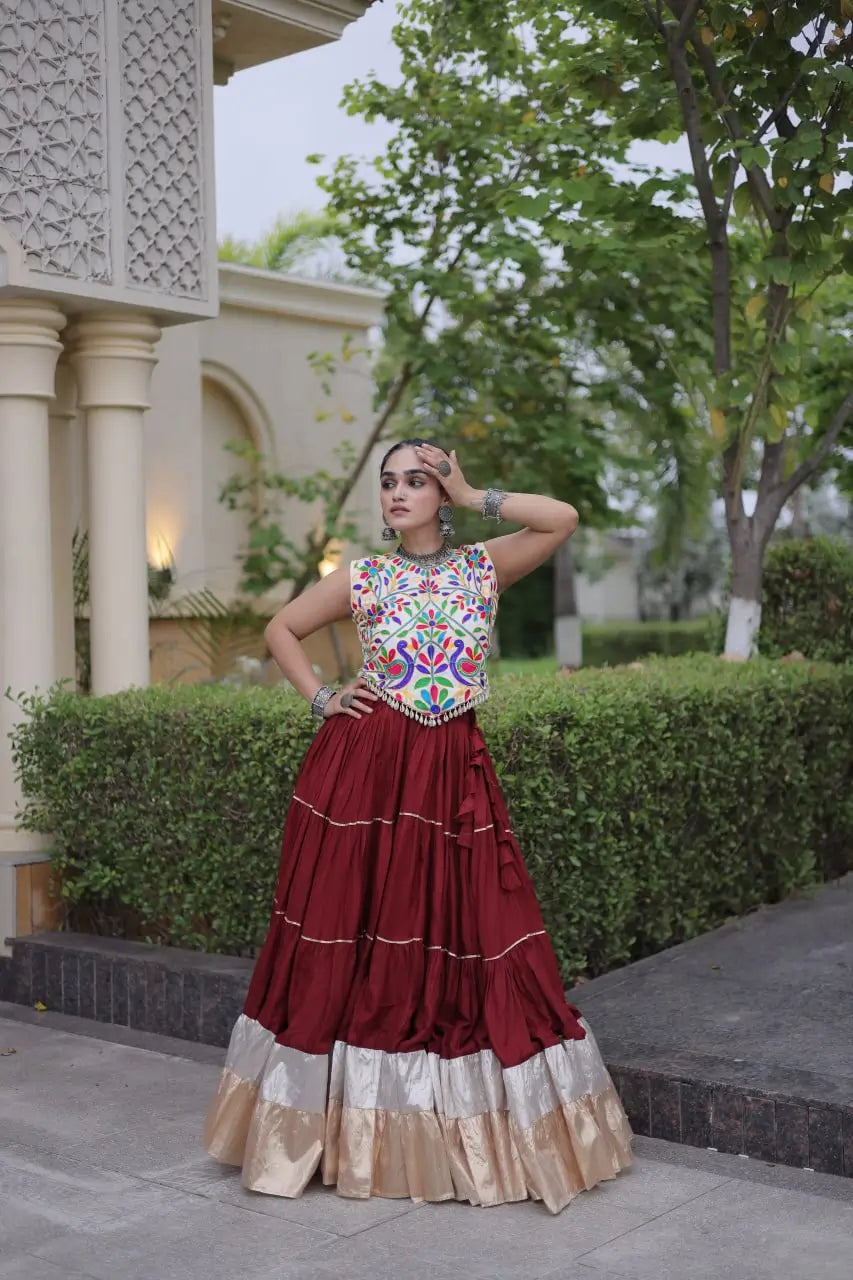 Rayon Kutchi Embroidered Lehenga Set