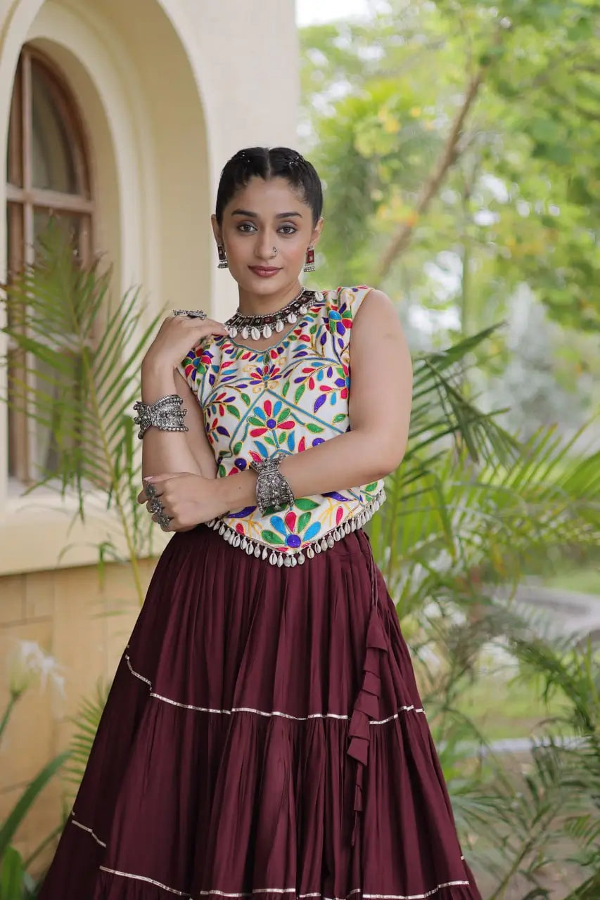 Rayon Kutchi Embroidered Lehenga Set