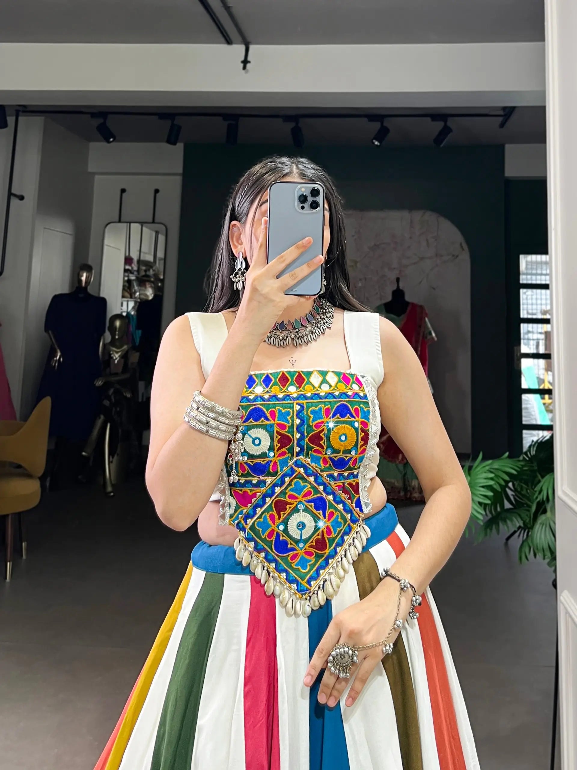 Rayon Mirror Gamthi Multicolor Lehenga Set