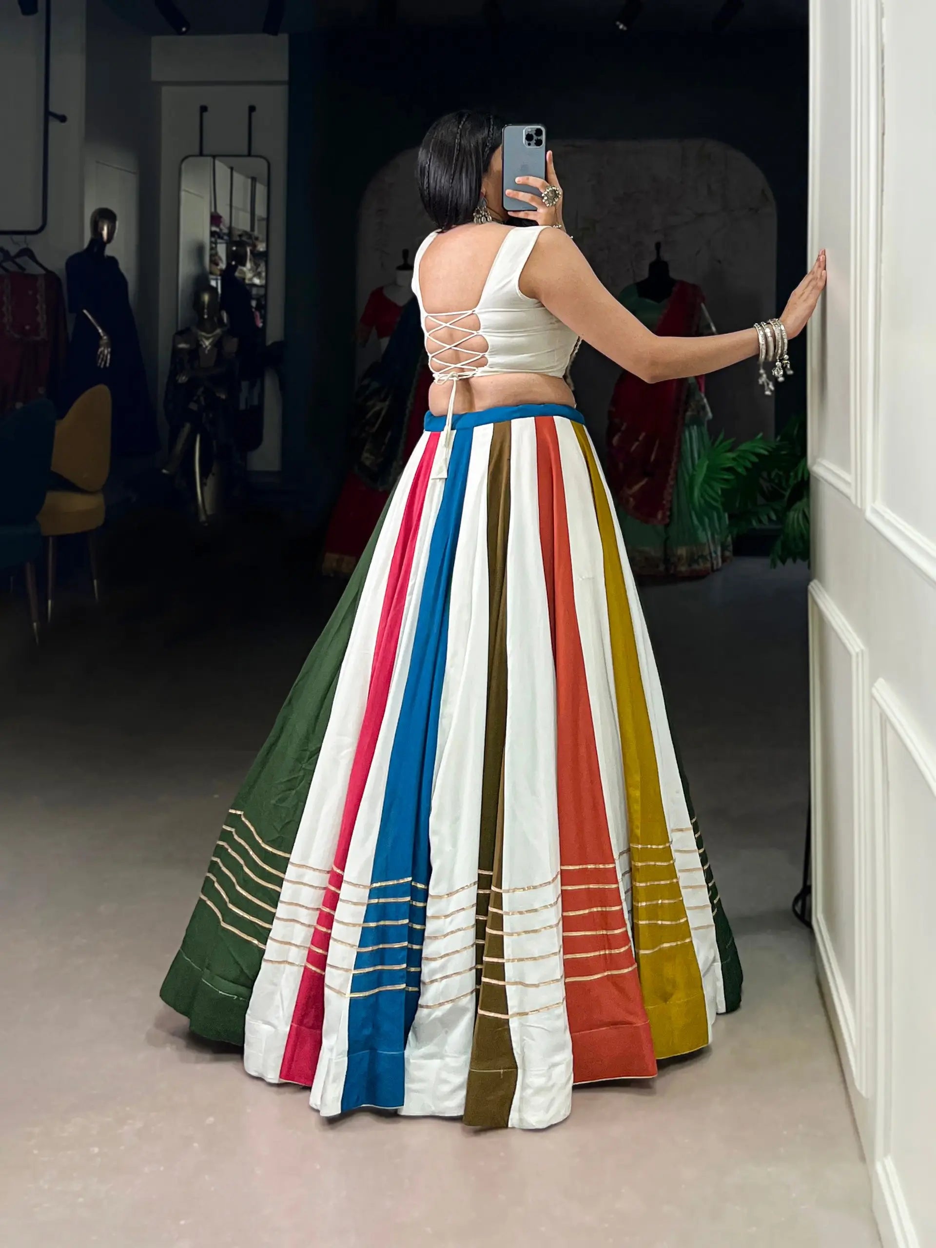 Rayon Mirror Gamthi Multicolor Lehenga Set