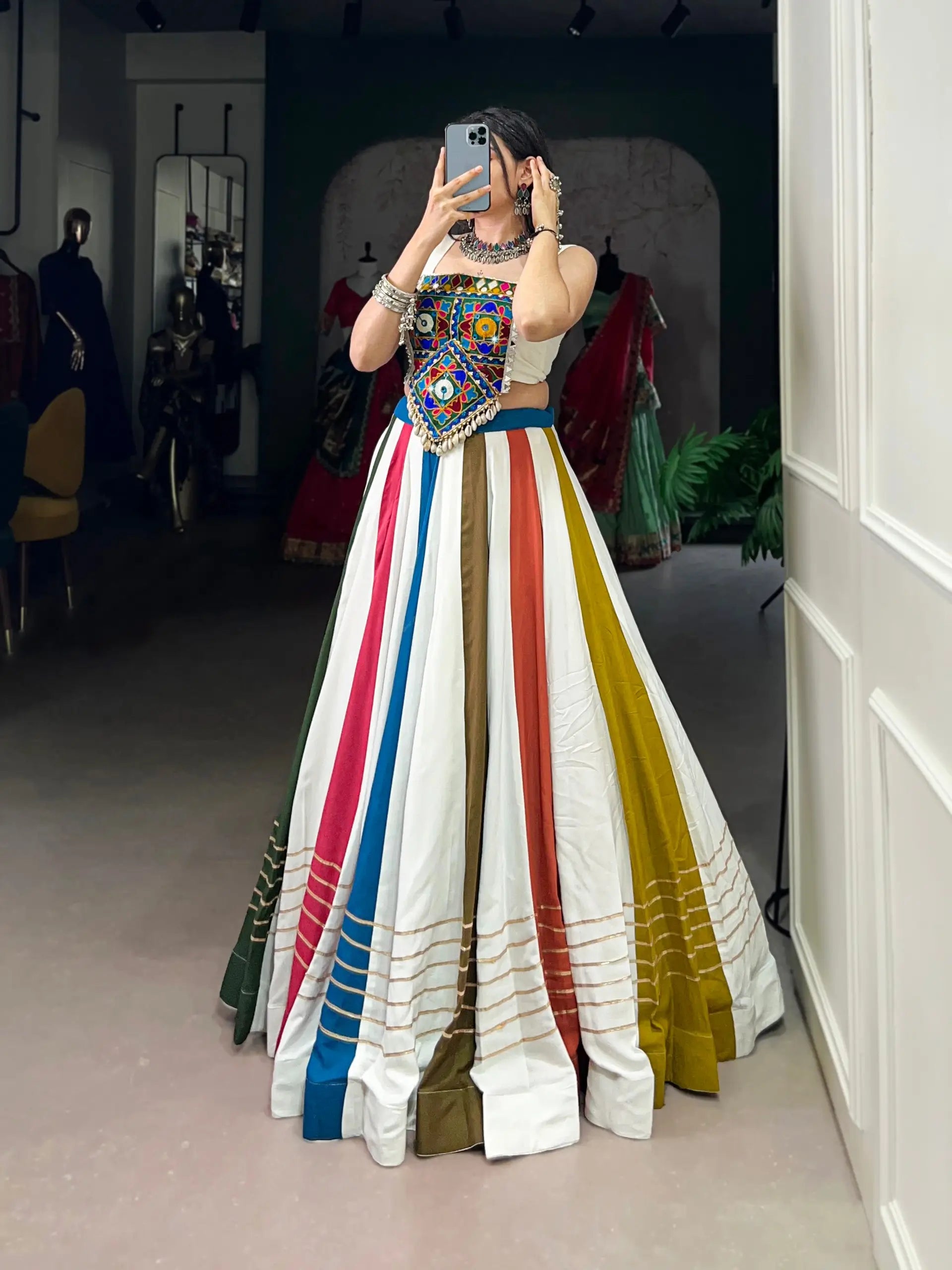 Rayon Mirror Gamthi Multicolor Lehenga Set