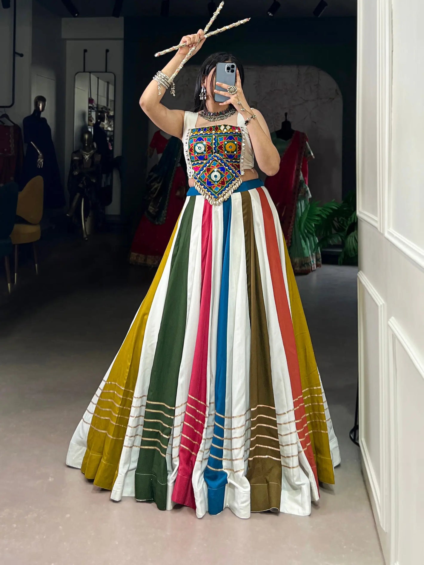 Rayon Mirror Gamthi Multicolor Lehenga Set