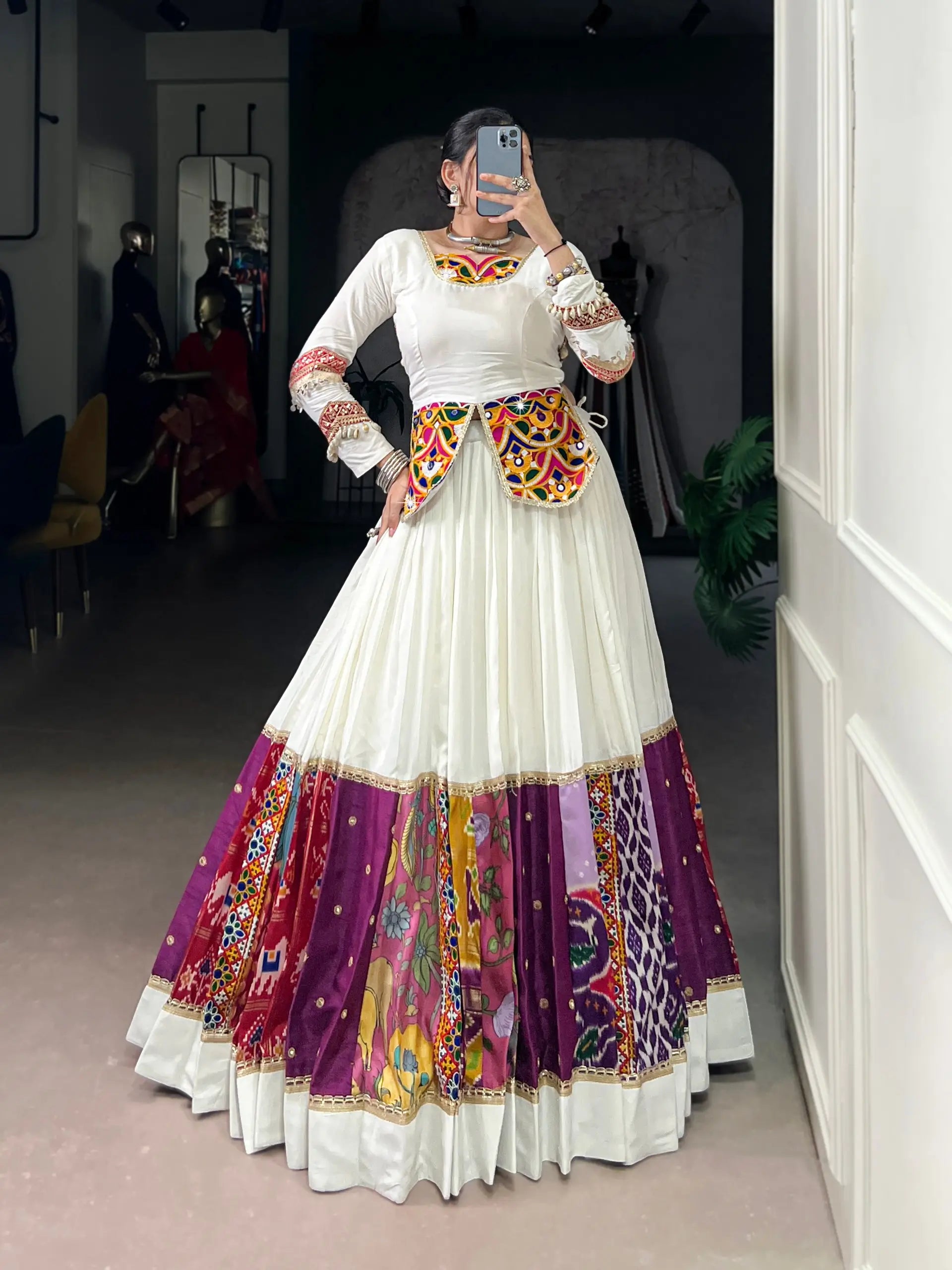 Rayon Mirror Gamthi Work Lehenga Set