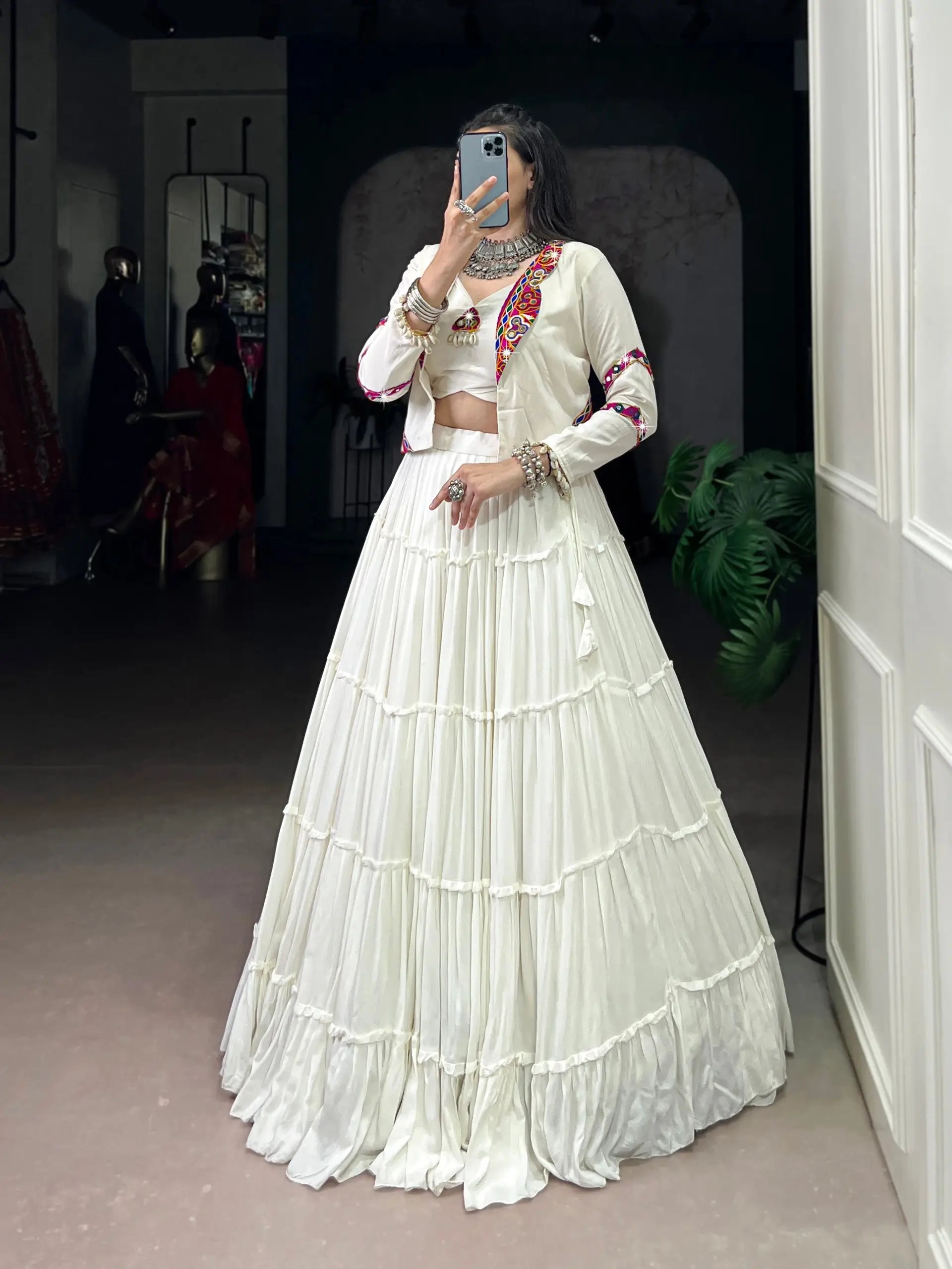 Rayon Mirror Gamthi Work Lehenga with Koti Set