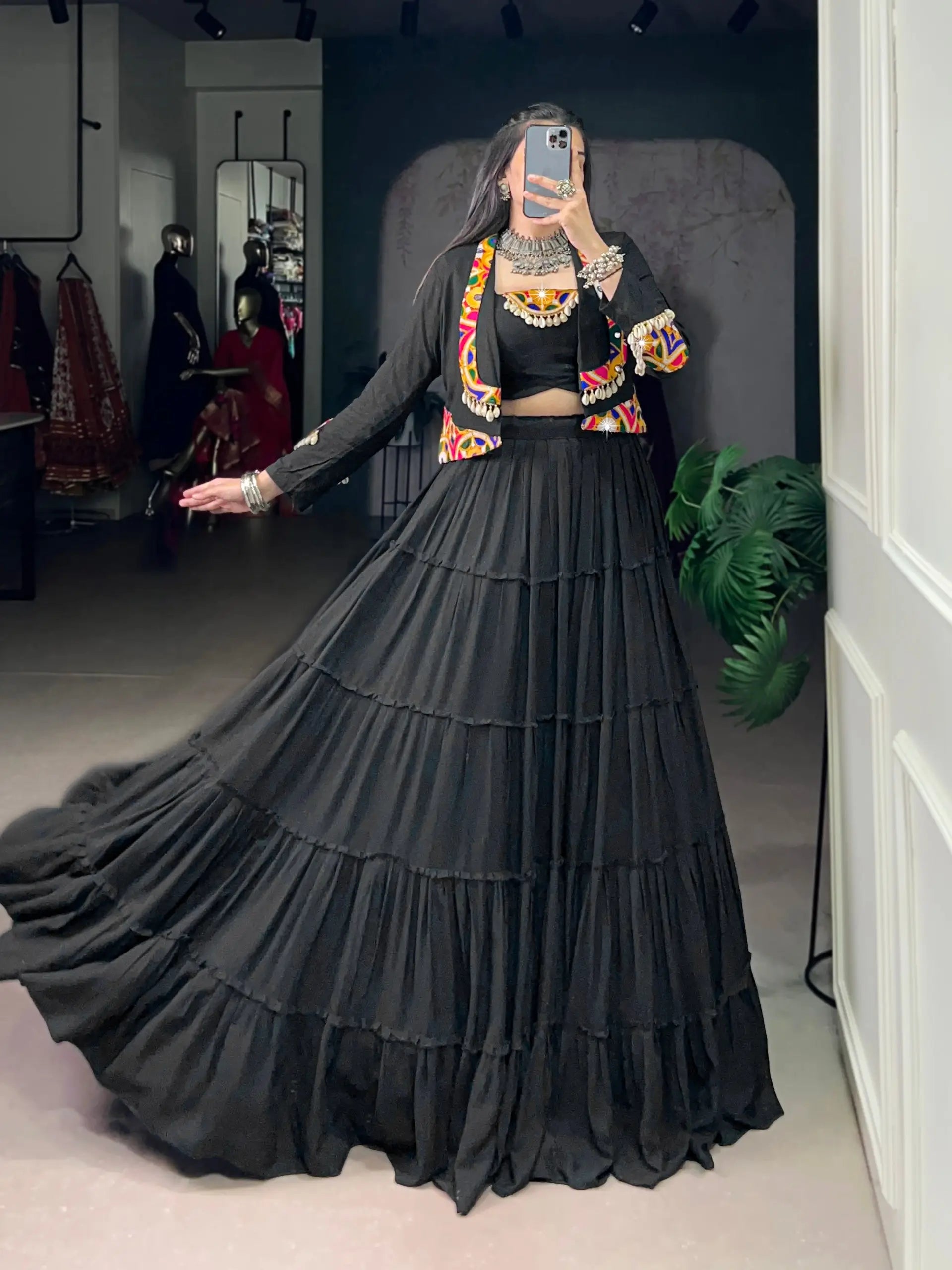 Rayon Mirror Gamthi Work Lehenga with Koti Set