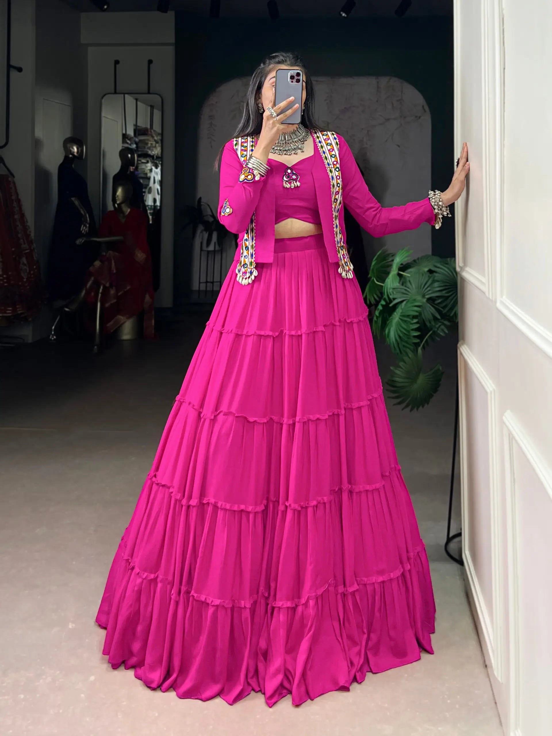 Rayon Mirror Gamthi Work Lehenga with Koti Set